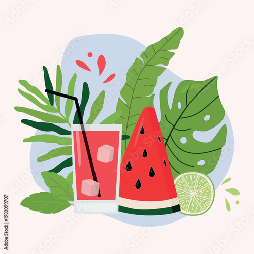 Refreshing tropical composition with watermelon slice lime glass of juice ice cubes green leaves bright summer fruity illustration perfect for packaging branding menu design healthy food concepts