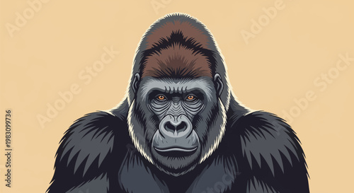 Stylized vector portrait of a powerful male gorilla with detailed grey and black fur, brown crest, and orange eyes looking forward on a plain beige background for graphic design.