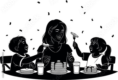 Happy family enjoying delicious pancakes together at breakfast time