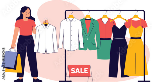 Woman choosing clothes from sale rack in clothing store