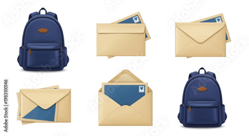 3D illustration set featuring navy blue backpacks with front pockets and cream envelopes with blue greeting cards inside, including open and closed mail on a white background.