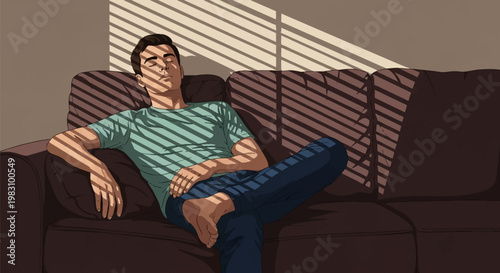 Digital illustration of a young man reclining on a dark brown couch with eyes closed. Strong sunlight creates a striped shadow pattern from window blinds across his green shirt and the room.