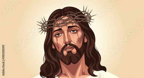 Detailed vector illustration of Jesus Christ wearing a crown of thorns with blood dripping from his face, depicting a sorrowful expression and long hair against a neutral background.