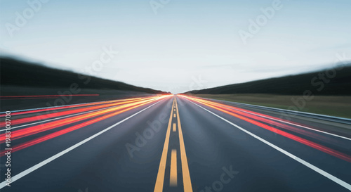 Motion blur long exposure of an asphalt highway at dusk with red and white light trails from cars, double yellow center lines, and blurred landscape under a clear evening sky.
