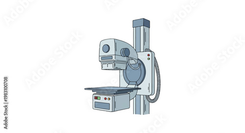 Vector illustration of a medical X-ray machine, diagnostic imaging equipment with mechanical arm, scanner head, control panel, and vertical support column isolated on white.