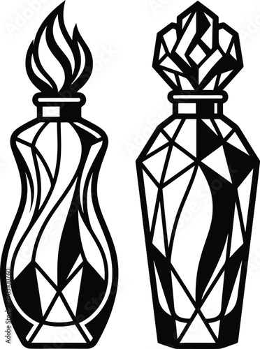 Two elegant artistic perfume bottle illustrations with distinct geometric and flame designs in high resolution.