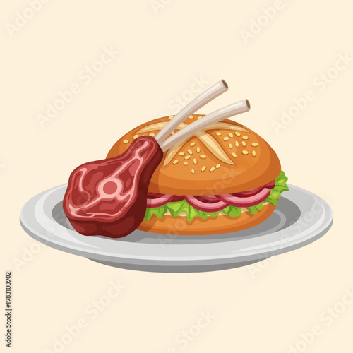 Gourmet Lamb Burger Illustration Featuring a Toasted Sesame Bun with Lettuce and Red Onions Served Beside a Fresh Lamb Chop Rib on a White Plate Isolated on a Plain Background