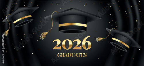 Graduation celebration design with gold 2026 lettering and graduation caps. Festive background with glitter. For greetings, banners and graduation announcements