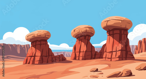 Vector illustration of three red sandstone toadstool hoodoo rock formations standing in a vast desert landscape under a bright blue sky with stylized clouds and distant canyon mesas