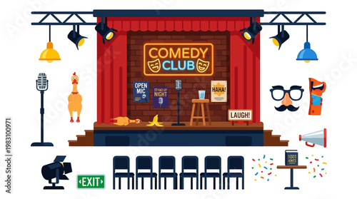 Vibrant comedy club stage setup with microphone and spotlight