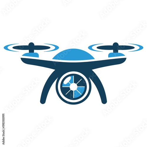 A stylized quadcopter drone with four rotating propellers in a stationary position