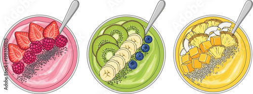 Healthy Fruit Smoothie Bowls with Toppings Top View