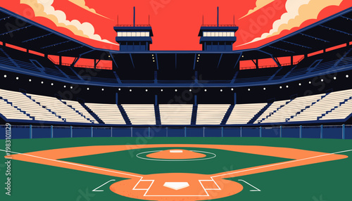 Vector illustration of baseball field at dusk, warm sunset sky