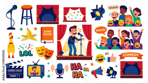 Comedian performing on stage with audience laughing and comedy elements around him