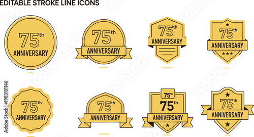 Set of 75th anniversary gold badges and ribbons with editable stroke line icons for celebrations and milestones