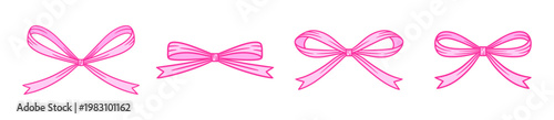 Coquette four bows set. Charming pink tied ribbons, hand drawn illustration. Ideal for birthday, wedding, Valentine's gift in retro style, baby shower decoration, girl romantic design.