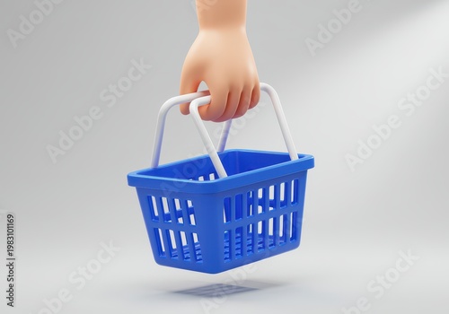 A 3 d cartoon hand holding an empty blue plastic shopping basket with 3d white handles against a gray background