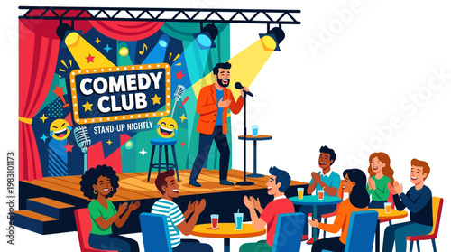 Man performing stand-up comedy at a comedy club with an audience laughing