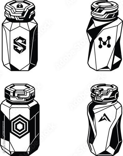 A collection of four futuristic sci-fi canisters with unique geometric logos and detailed mechanical caps.