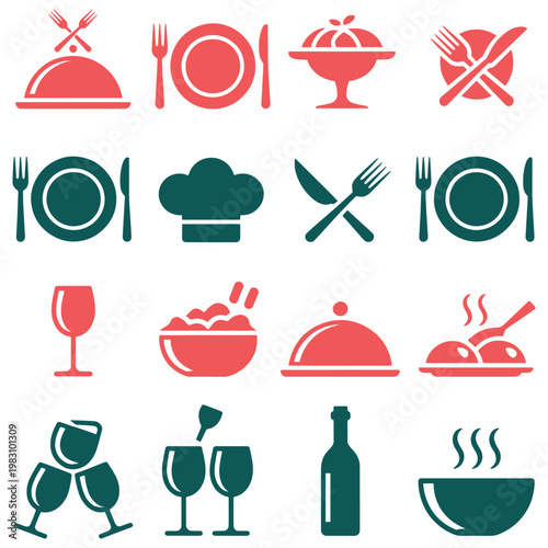Diverse icons representing various food, drink, and dining service symbols