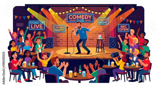 Comedian performing stand-up at a lively comedy club with a cheering audience