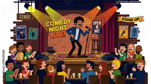 Comedian performing stand-up comedy on stage at a comedy club with an audience laughing and clapping