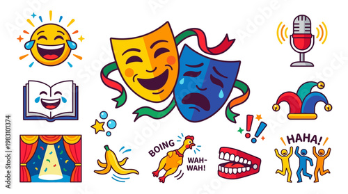 Colorful comedy tragedy masks surrounded by laughing emojis theatrical symbols and humorous characters on white background