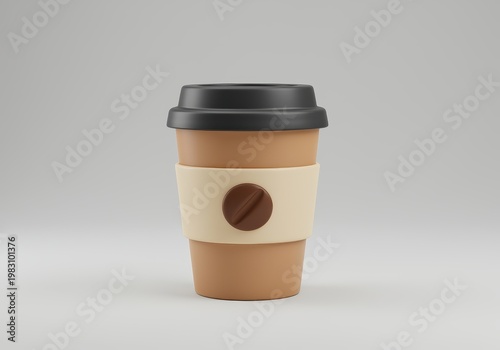 Minimalist 3 d render of a brown coffee cup with a 3d black lid and a beige sleeve featuring a coffee bean