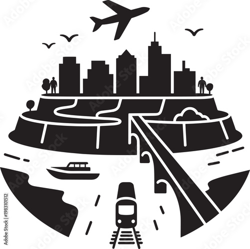 Cityscape with transportation modes on a globe illustration for airplane and train