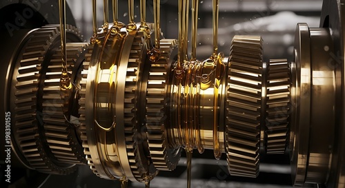 Close up of a complex industrial gearbox with golden gears being lubricated.