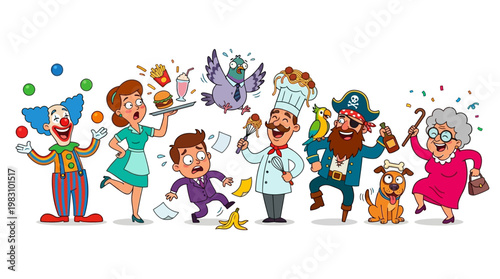 Cartoon characters in various professions having fun with animals and food