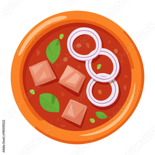 Фотография Bowl of red tomato soup with croutons and onions for warm comfort food and healt