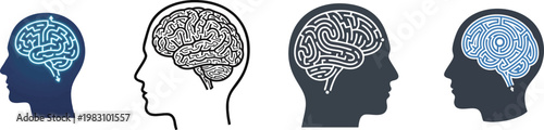 collection of a human head silhouette containing a complex brain shaped maze design vector illustration isolated on white
