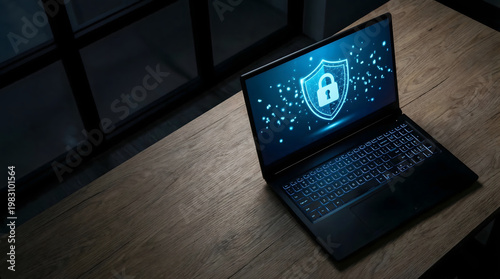 Modern laptop displaying a glowing digital security shield and padlock on its screen on a wooden table