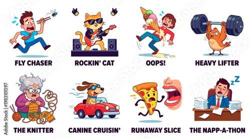 Cartoon characters in various humorous situations depicted in digital illustrations