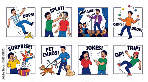 Humorous cartoon illustrations depicting various comedic moments and reactions