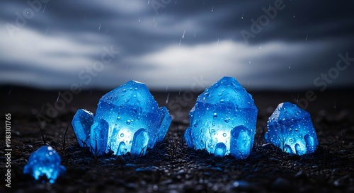Glowing blue ice chunks on dark ground with stormy sky