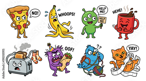 Funny cartoon characters with different emotions and reactions