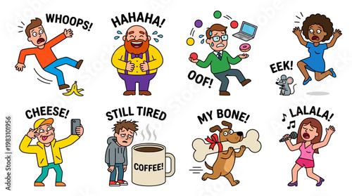 Cartoon characters expressing emotions and reactions in various situations daily