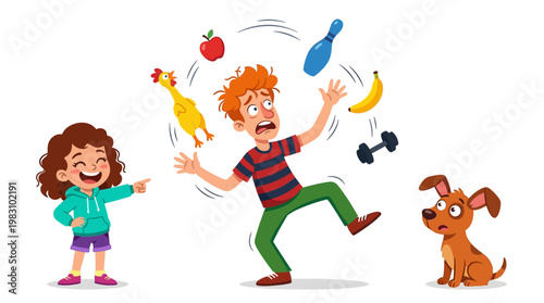 Cartoon man juggling multiple objects while a girl and dog watch