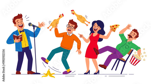 Group of people laughing and having fun together at a comedy show