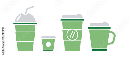 Assorted disposable paper cups in a simple flat illustration style, isolated on white.