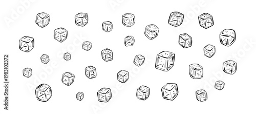 Hand drawn doodle ice cubes simple background for summer bar, cold drink menu. Sketch frozen water blocks set. Line art icons. Sugar, sea salt, square candies drawing. Crayon ink vector illustration