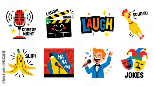 Colorful comedy night graphics with laughing characters and microphones