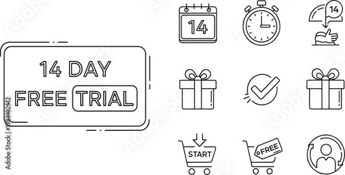 14-day free trial offer badge with start and gift icons for software subscription marketing