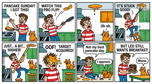Boy attempts flipping pancakes while cooking with a cat in the kitchen on a Sunday morning at home