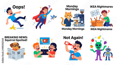 Humorous illustrations depict everyday struggles and comedic moments in a series of relatable scenes and situations unfolding slowly