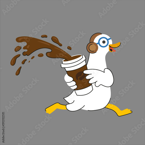 Cute cartoon goose with headphones running and spilling coffee from takeaway cup. Funny vector character illustration, morning rush and coffee addiction concept. Flat modern style, isolated background
