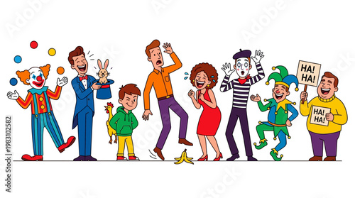 Group of people laughing and having fun together in a cartoon scene