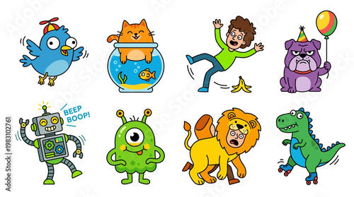 Colorful cartoon animals and robots in fun playful scenes and actions together